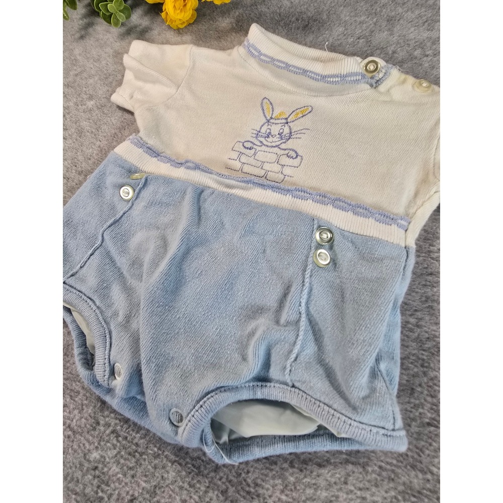 Vintage 60s 70s Baby Knit Romper Blue White Bunny Rabbit Embroidered 0-3m - Picture 3 of 9